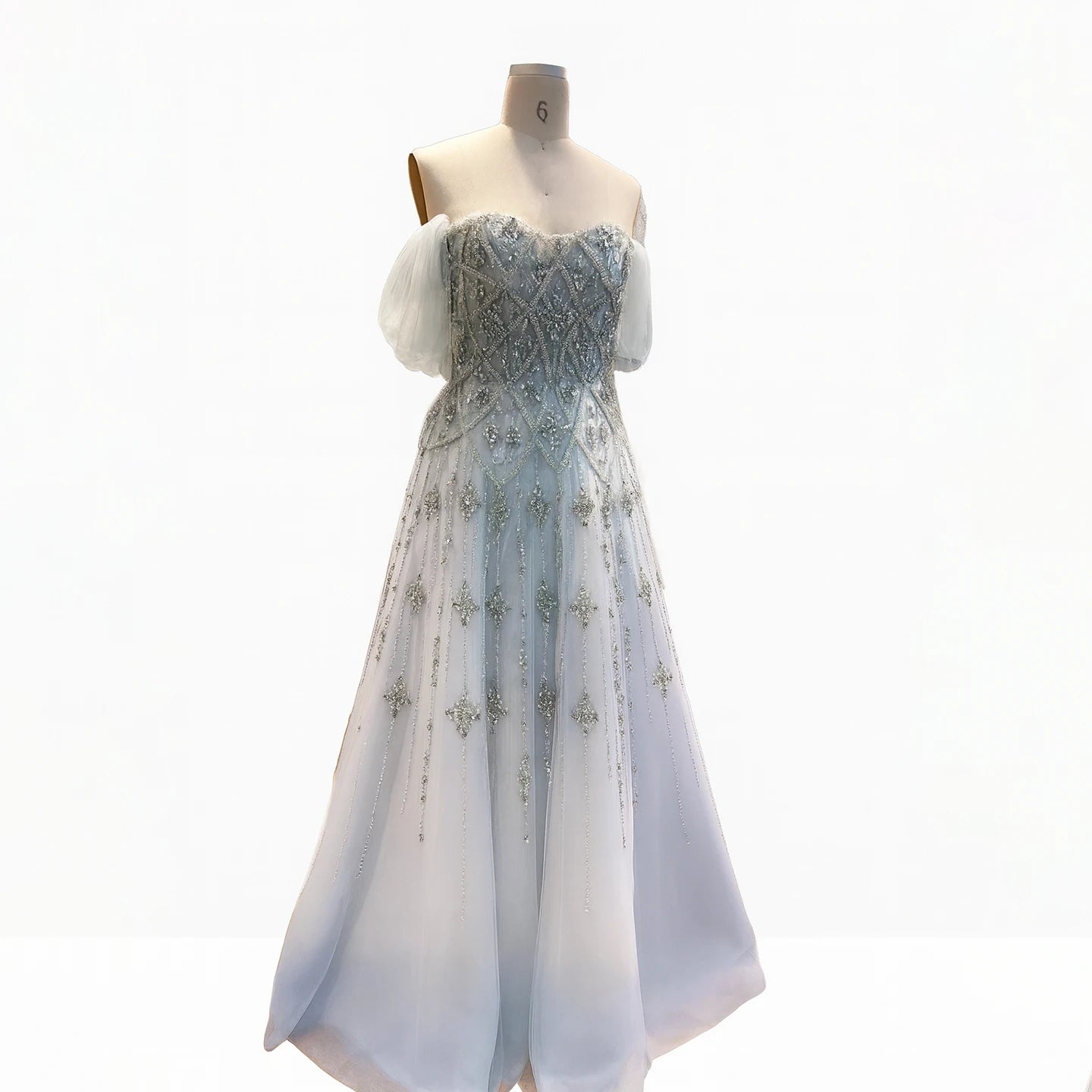 Luxury Gray Blue A-Line Dreamy Beaded Evening Dress With Necklace LA73397