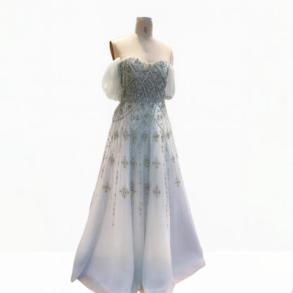 Luxury Gray Blue A-Line Dreamy Beaded Evening Dress With Necklace LA73397