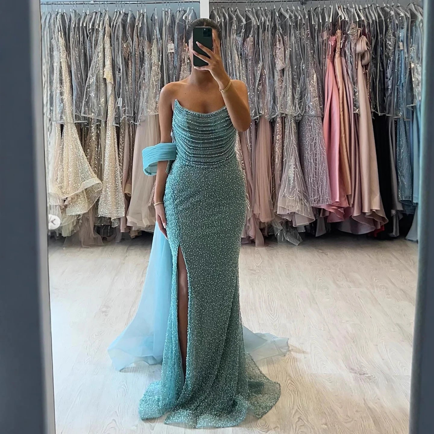 Luxury Evening Dress Nude BeadedSheath Gown With Tulle Train LA73388