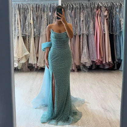 Luxury Evening Dress Nude BeadedSheath Gown With Tulle Train LA73388