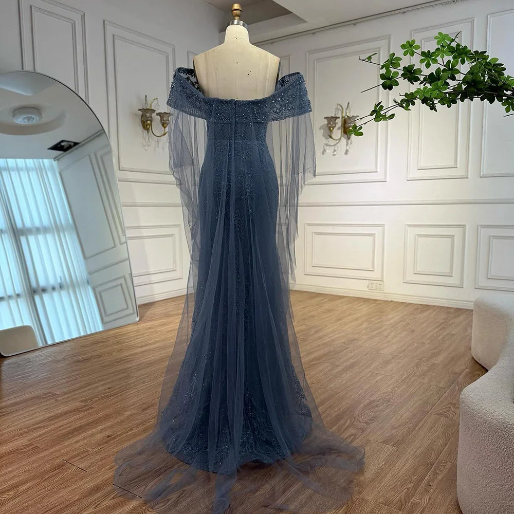 Luxury Blue Lace Off Shoulder Evening Dress for Women LA73125