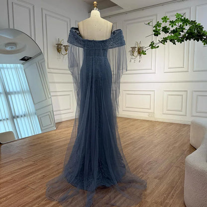 Luxury Blue Lace Off Shoulder Evening Dress for Women LA73125