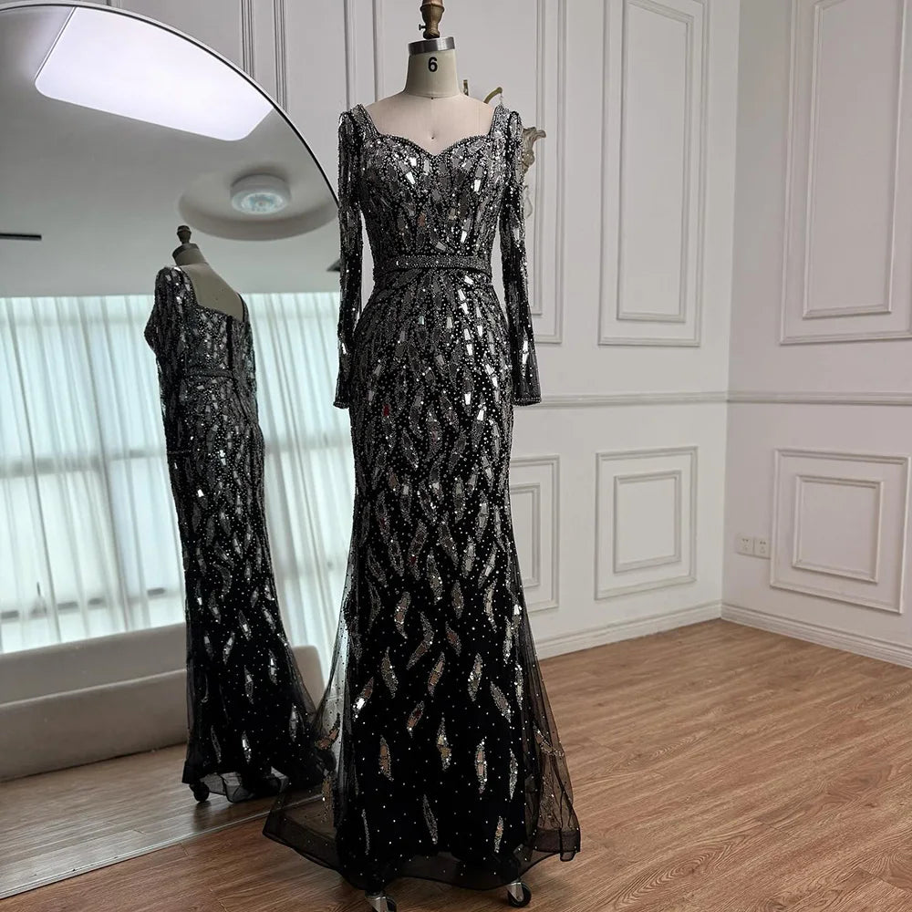 Luxury Black Silver Sequin Long Sleeve Mermaid Evening Dress LA73113