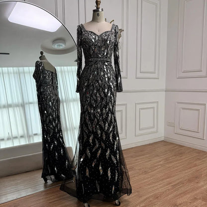 Luxury Black Silver Sequin Long Sleeve Mermaid Evening Dress LA73113