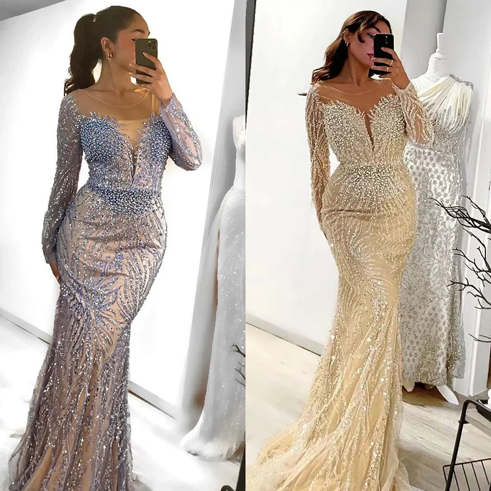 Luxury Dubai White Nude Mermaid Evening Dress With  Long Sleeve LA72634