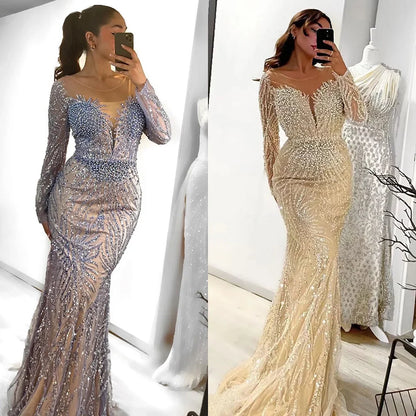 Luxury Dubai White Nude Mermaid Evening Dress With  Long Sleeve LA72634