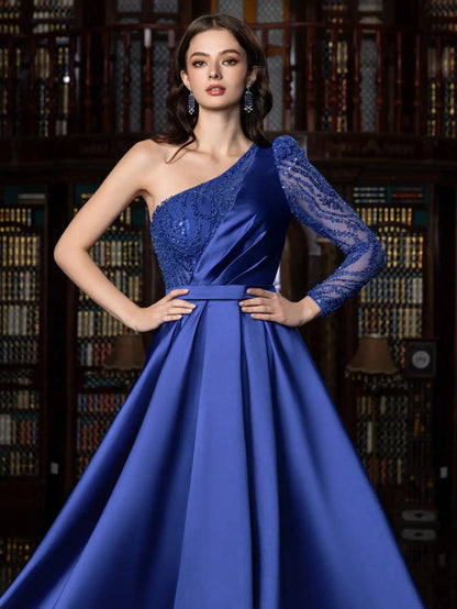 Satin Blue A-Line One-Shoulder Elegant Evening Dress LA73278