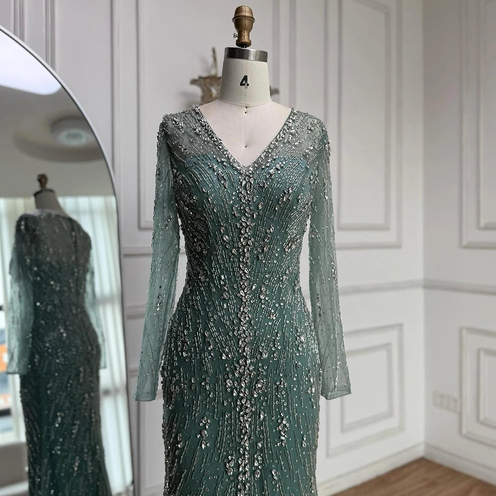 Luxury Turquoise Crystal Beaded Evening Dress Elegant Slit Gown LA73179