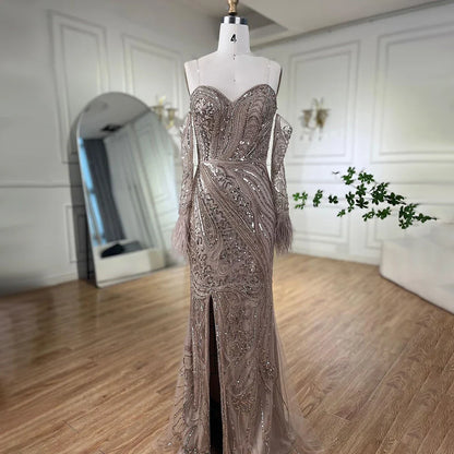 Luxury Arabic Nude Mermaid High Split Feather Beaded Evening Dress LA71910