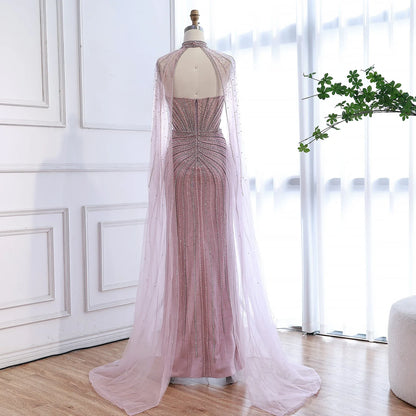 Luxury Dubai Caramel Beaded Evening Dress With Cape LA72811C