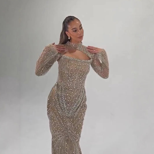 Luxury Arabic Nude Crystal Beaded Mermaid Evening Dress with Jacket LA73376