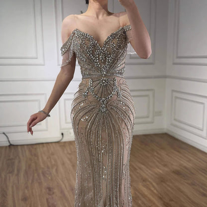 Luxury Pink Crystal Tassel Off Shoulder Evening Dress Dubai LA73204