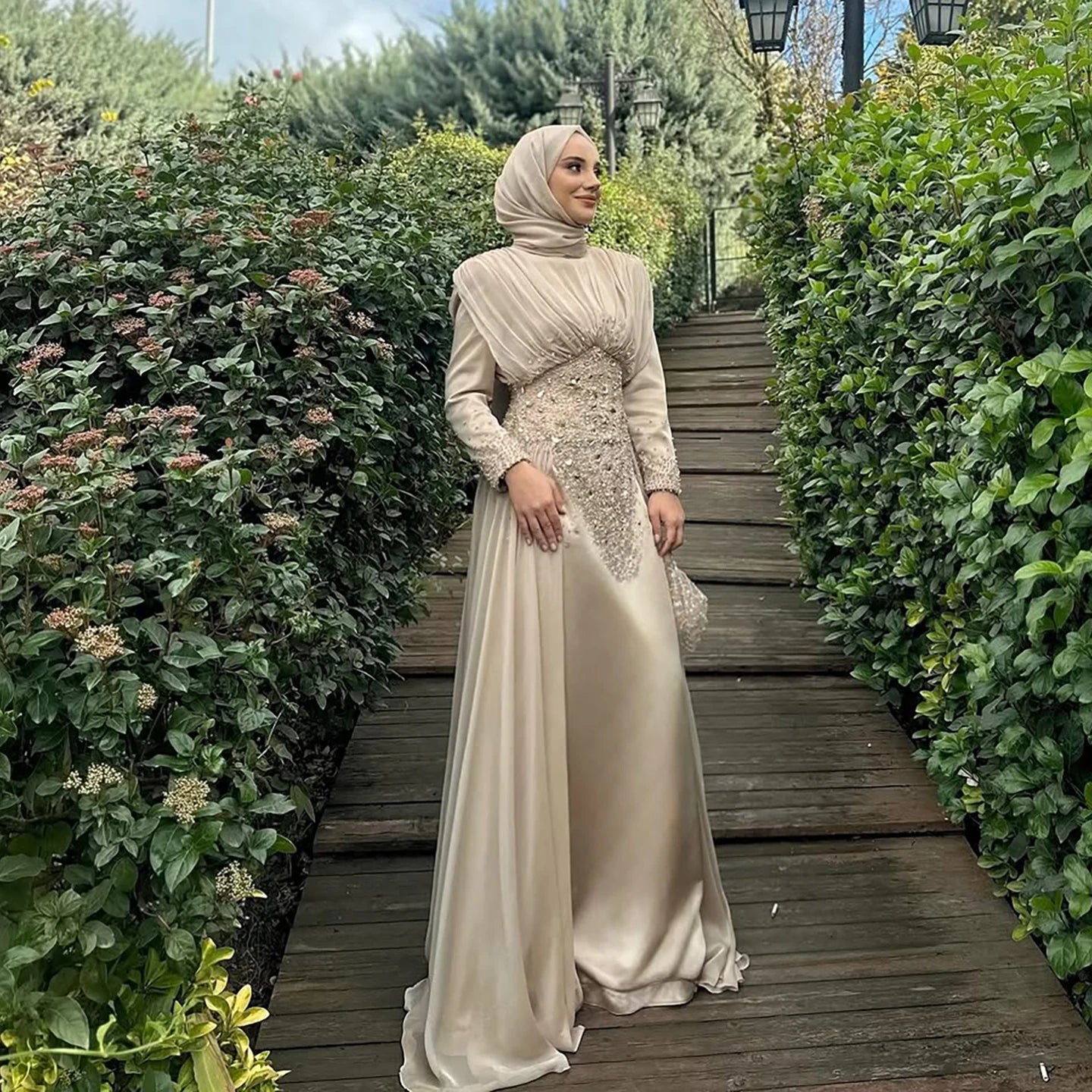 Luxury Caramel Crystal Beaded Mermaid Muslim Evening Dress LA73427
