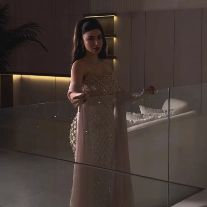 Luxury Pink Beaded Mermaid Evening Dress with Cape LA73366