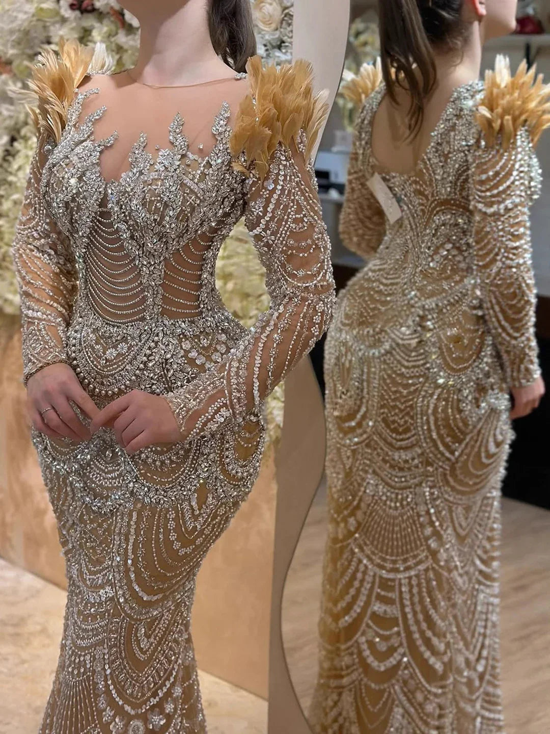 Luxury Nude Beaded Feather Long Sleeve Mermaid Evening Dress LA73348
