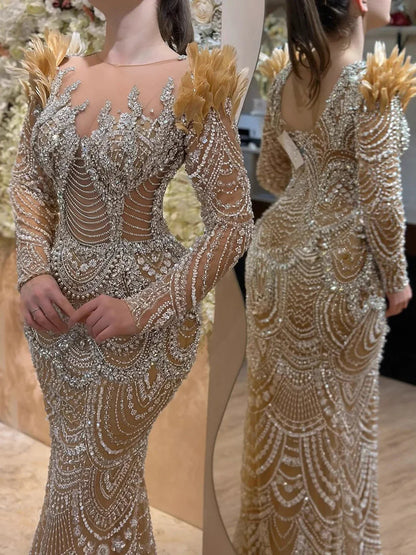 Luxury Nude Beaded Feather Long Sleeve Mermaid Evening Dress LA73348