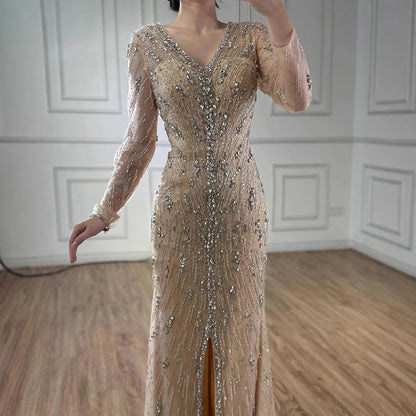 Luxury Turquoise Crystal Beaded Evening Dress Elegant Slit Gown LA73179