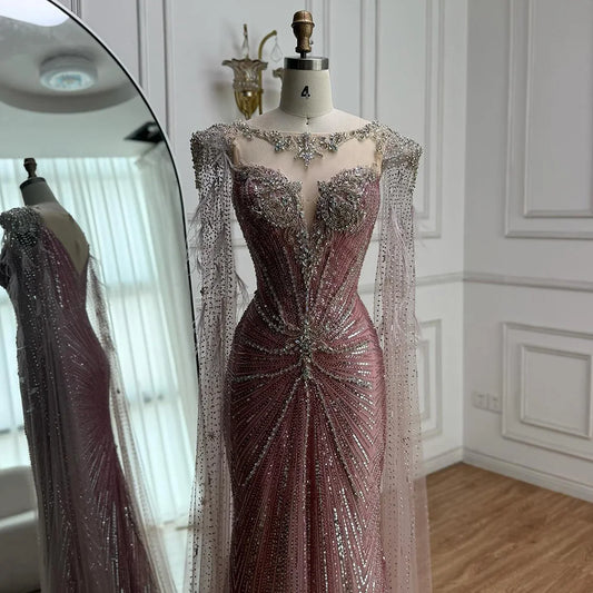 Luxury Pink Beaded Mermaid Evening Dress with Cape LA73106
