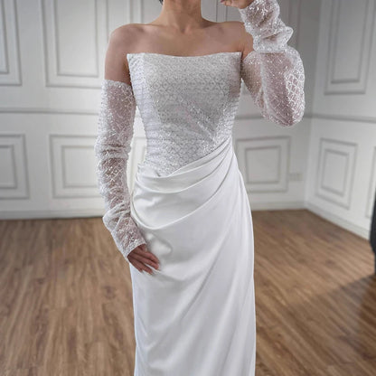 White   Beaded Evening Dress with Detachable Sleeves LA72293A