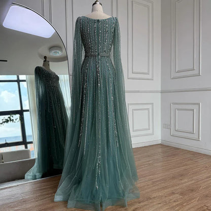 Luxury Dubai Square Neck Beaded Evening Gown with Cape LA73188