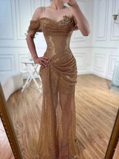Elegant Nude Off Shoulder Beaded A-Line Evening Dress LA72807A