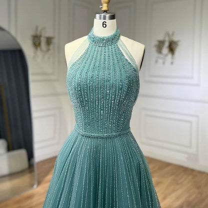 Luxury Arabic Blue Sequin Tassel Halter A Line Evening Dress LA72227