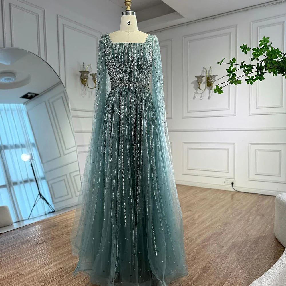 Luxury Dubai Square Neck Beaded Evening Gown with Cape LA73188