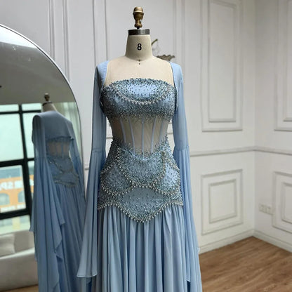 Luxury Blue Evening Dress with Pearls Tassels and Flowing Coat LA72978A