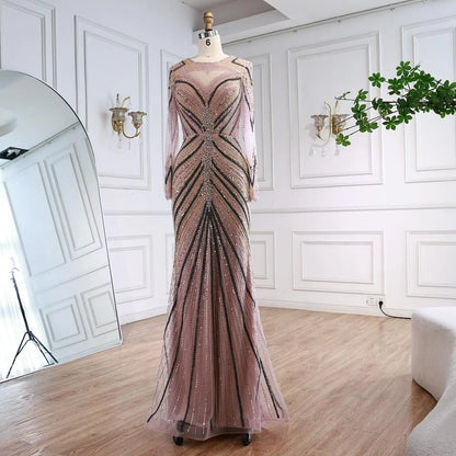 Luxury Pink Modest Dubai Mermaid  Evening  Dress  Long Sleeevs 2026 LA73213