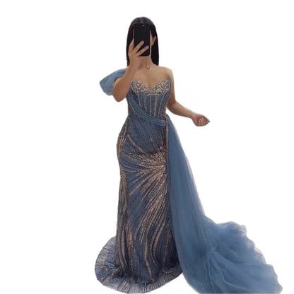 Luxury Blue Crystal Beaded One Shoulder Mermaid Evening Dress LA73425