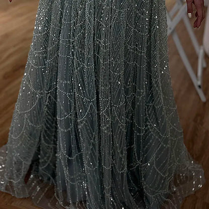 Luxury Olive Green Beaded A-Line Modest Evening Dress LA72738B