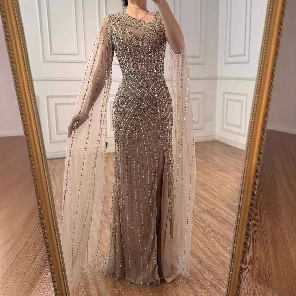 Luxury Nude Beaded Mermaid Evening Dress with Cape Sleeves LA71429B