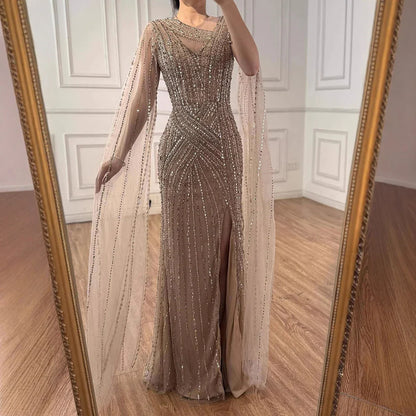 Luxury Nude Beaded Mermaid Evening Dress with Cape Sleeves LA71429B
