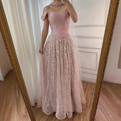 Luxury Arabic Pink Pearls Beaded Evening Dress With Cape LA72922