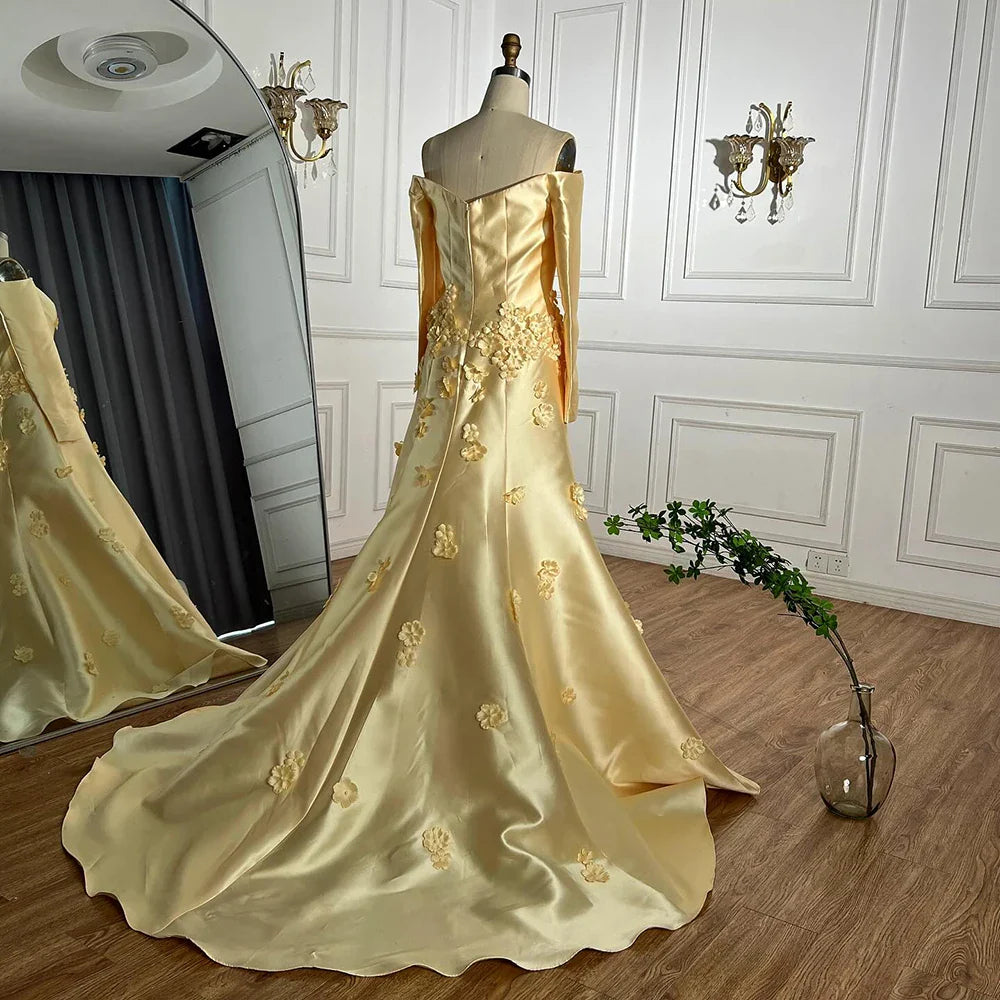 Luxury Dubai   Arabia Yellow A-Line Satin Appliques Evening Dresses Gowns for Formal Occasion LA72833