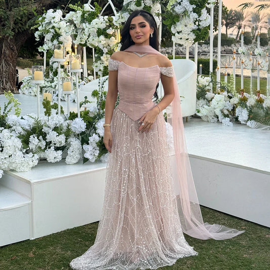 Luxury Arabic Pink Pearls Beaded Evening Dress With Cape LA72922