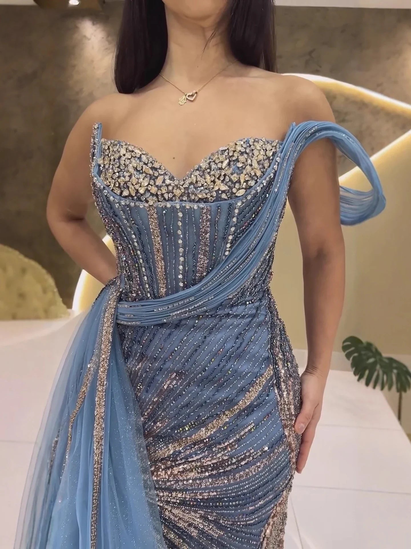 Luxury Blue Crystal Beaded One Shoulder Mermaid Evening Dress LA73425