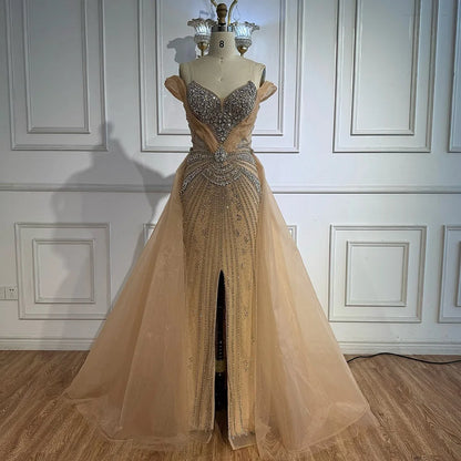 Luxury Nude Beaded Mermaid Evening Dress with Overskirt and Slit LA73034