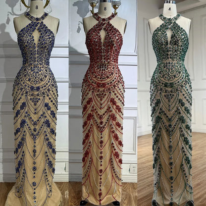 Luxury Blue Halter Crystal Beaded Evening Dress LA72760