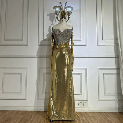 Luxury Dubai  Elegant White Arabic Evening Gown with Crystal Beaded Dress and Gloves for Formal Occasion LA72758