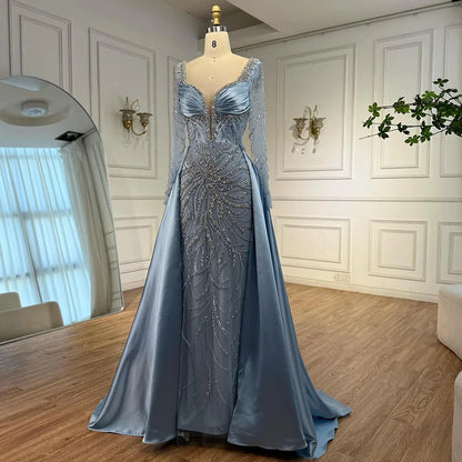 Luxury  Muslin Blue hijab Evening Dress With Long Sleeves LA72963