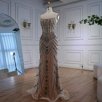 Luxury Green Beaded Saudi Arabic Evening Gown for Formal Occasion LA72842