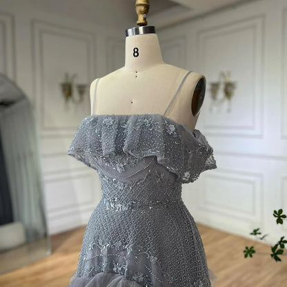 Luxury Dubai  Arabic Gray A-Line Off-The-Shoulder Beaded Luxury Saudi Evening Gown for Formal Occasion LA72762