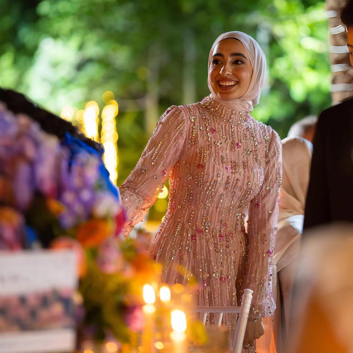 Luxury Pink Arabic Modest Muslim A-Line Crystal Beaded Evening Dress LA73363