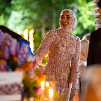 Luxury Pink Arabic Modest Muslim A-Line Crystal Beaded Evening Dress LA73363