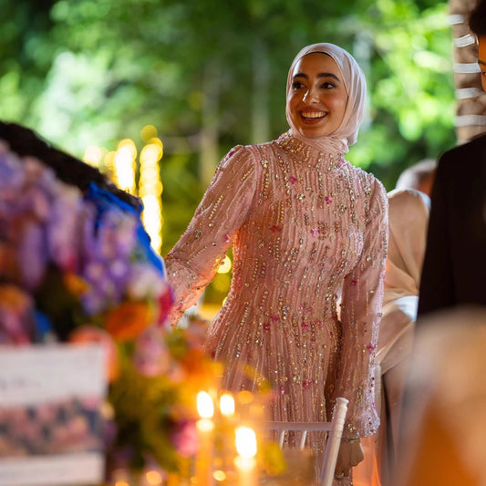 Luxury Pink Arabic Modest Muslim A-Line Crystal Beaded Evening Dress LA73363