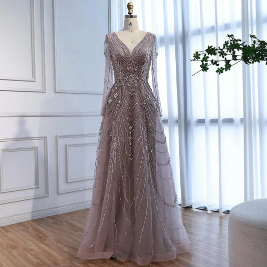 Luxury Pink Beaded A-Line Evening Dress 2025 with V Neck & Long Sleeves LA73114