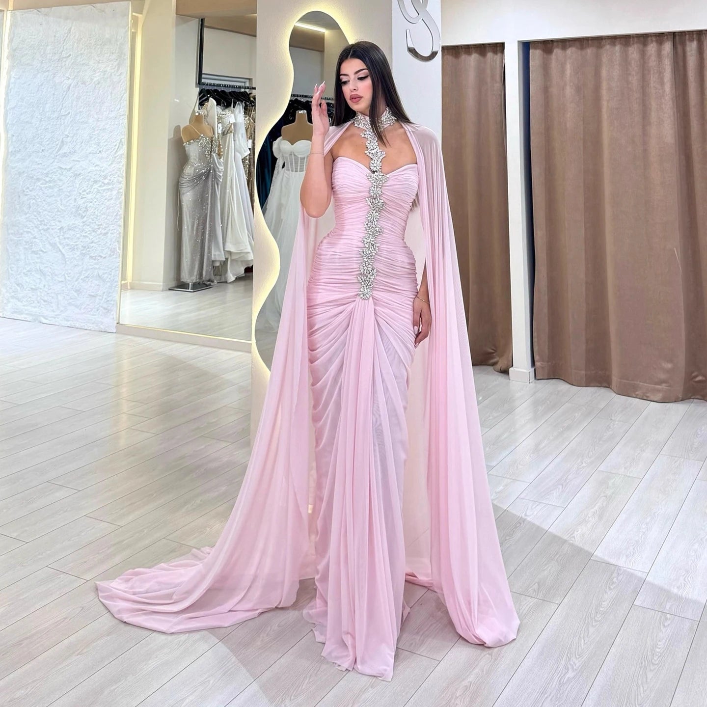 Luxury Pink Halter Crystal Beaded Evening Dress with Cape LA73374