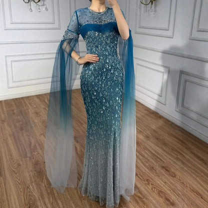 Luxury Arabic Gradient Green Mermaid Evening Dress With Cape LA73414