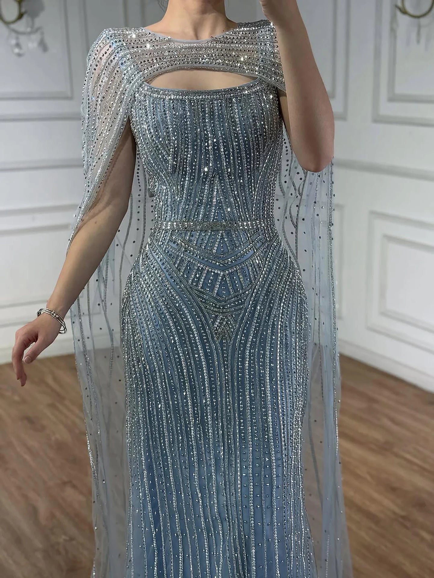 Luxury Blue Diamond Evening Dress With Cape LA73426